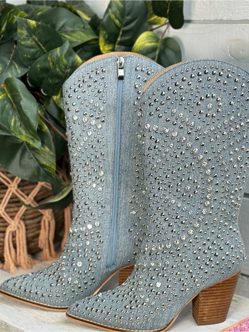 CORKY’S Studded Light Blue Denim Mid-Calf Cowboy Boots Spring & Summer - Size 9